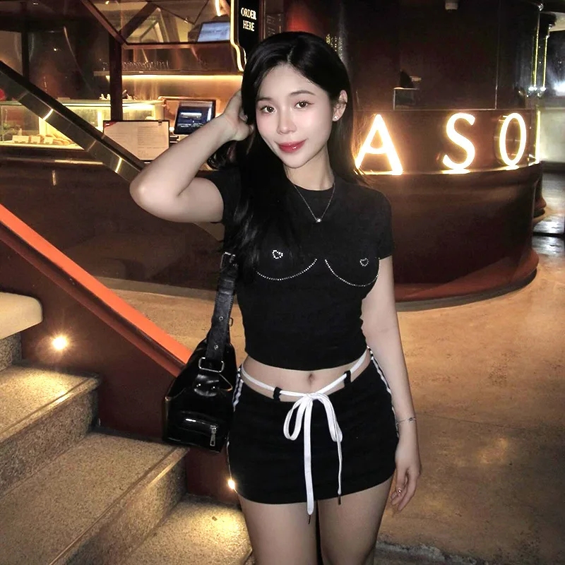 

M24TP102 Women's 2024 Summer New Collection Solid Color Round Neck Hot Diamond Short Sleeve Bottom Exposed Umbilical Top