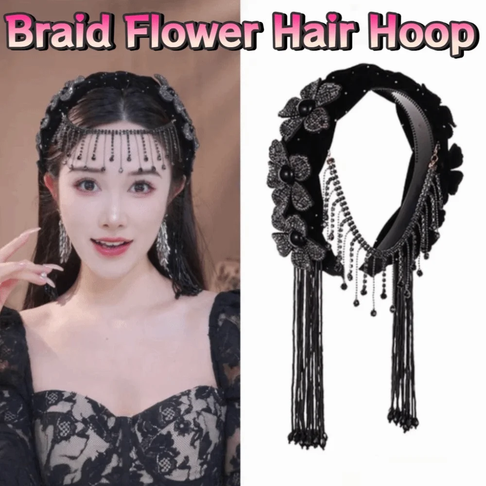 

Korean Style Braid Flower Hair Hoop Sweet Rhinestone Party Celebration Tiara Light Luxury Exquisite Wide Hair Band