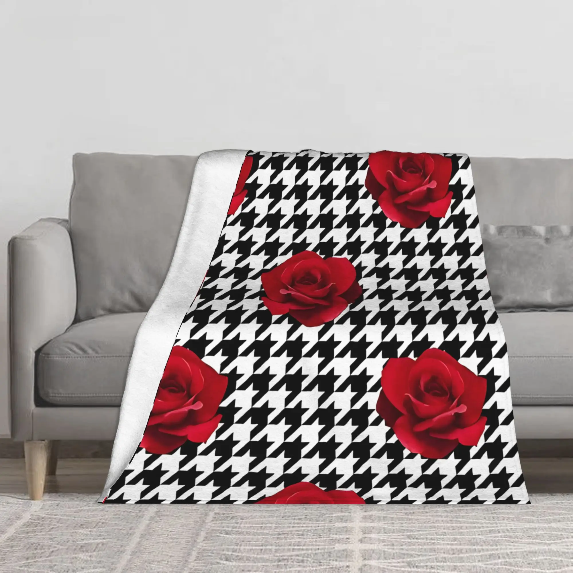 1PC Houndstooth & Roses Blanket Throw Blanket Novelty Warm Blanket All Season Gift