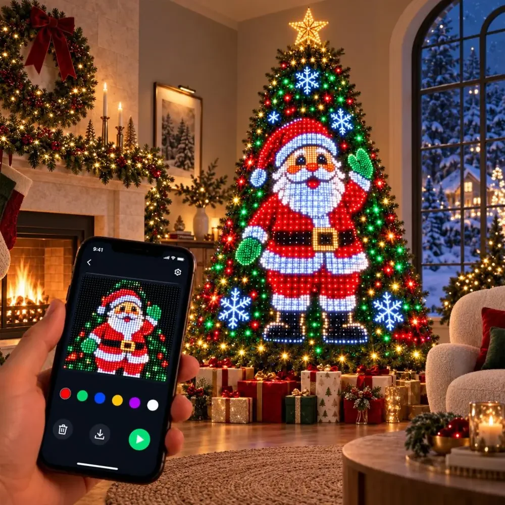Smart Christmas Tree Pixel Lights APP Control Animated Santa Display LED Holiday Decoration with Star Topper for Indoor Use