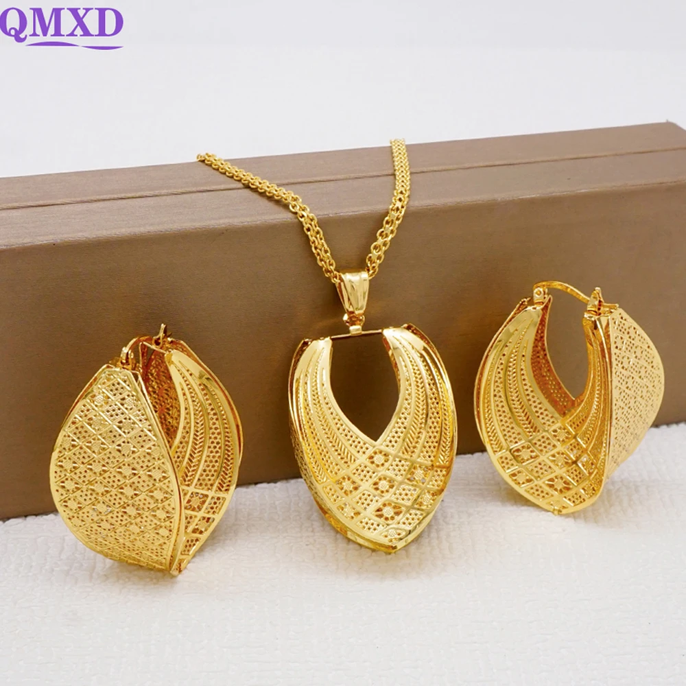 Trend Dubai Ladies Unique Earrings & Necklaces Jewelry Set African Gold Color Brazilian Wedding Gifts Ethiopian Jewellery