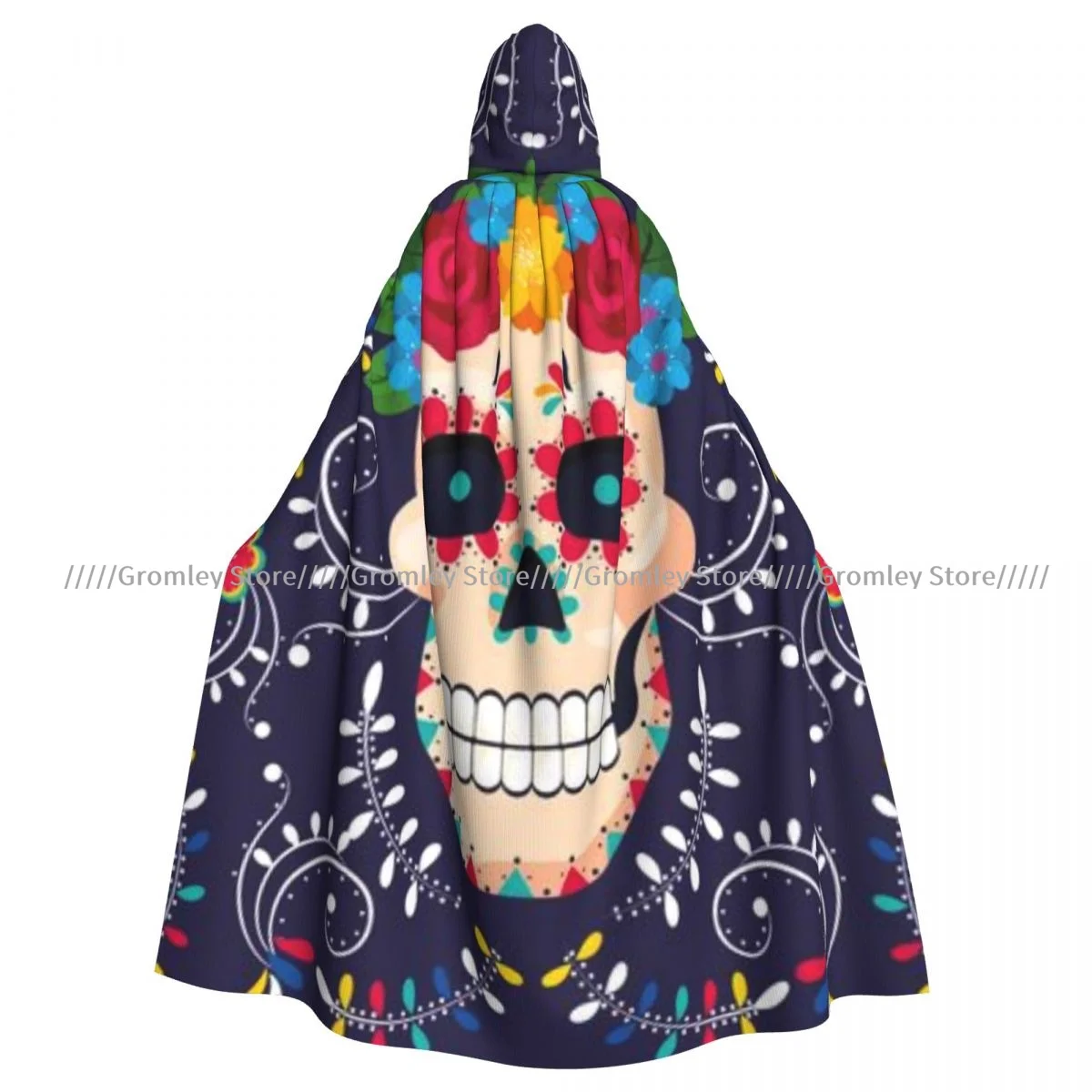 Medieval Halloween Cosplay Cloak Hooded Coat Skull Flowers Mexican Illustration Cape Coat Long Trench Costume Wizard Cloak