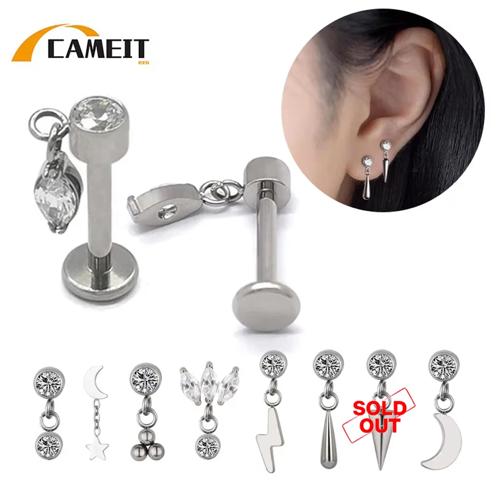 G23 Titanium EAR PIERC Pendant Chain Dangle Ear Studs With CZ Top Labret Lip Stud Cartilage Unisex Earring Body Piercing Jewelry