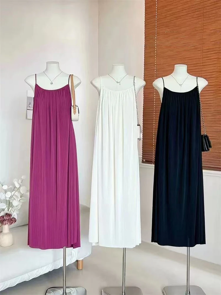 

Sling Dresses Women Solid Pleated Fashion Midi Dress Summer Elegant Spaghetti Straps Beach Party Evening Loose Vestidos Mujer