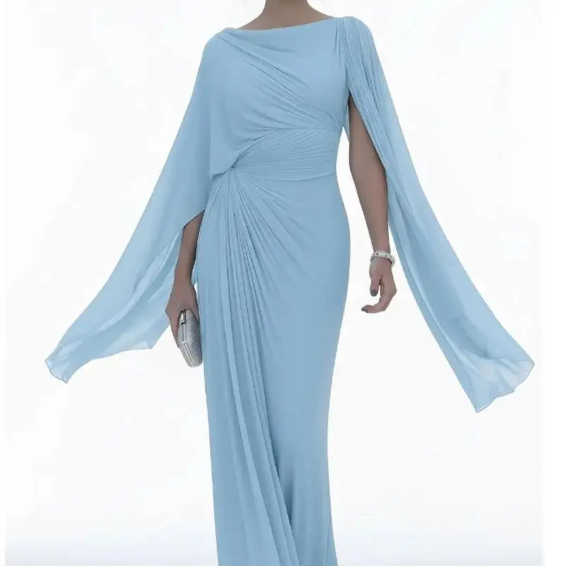 2026 Dames Elegante Hoge Taille Effen Kleur Avondjurk Sexy Spaghettiband Lange Mouw Geplooide Slim Fit Onregelmatige Zoom Formele Banketjurk - afbeelding 2