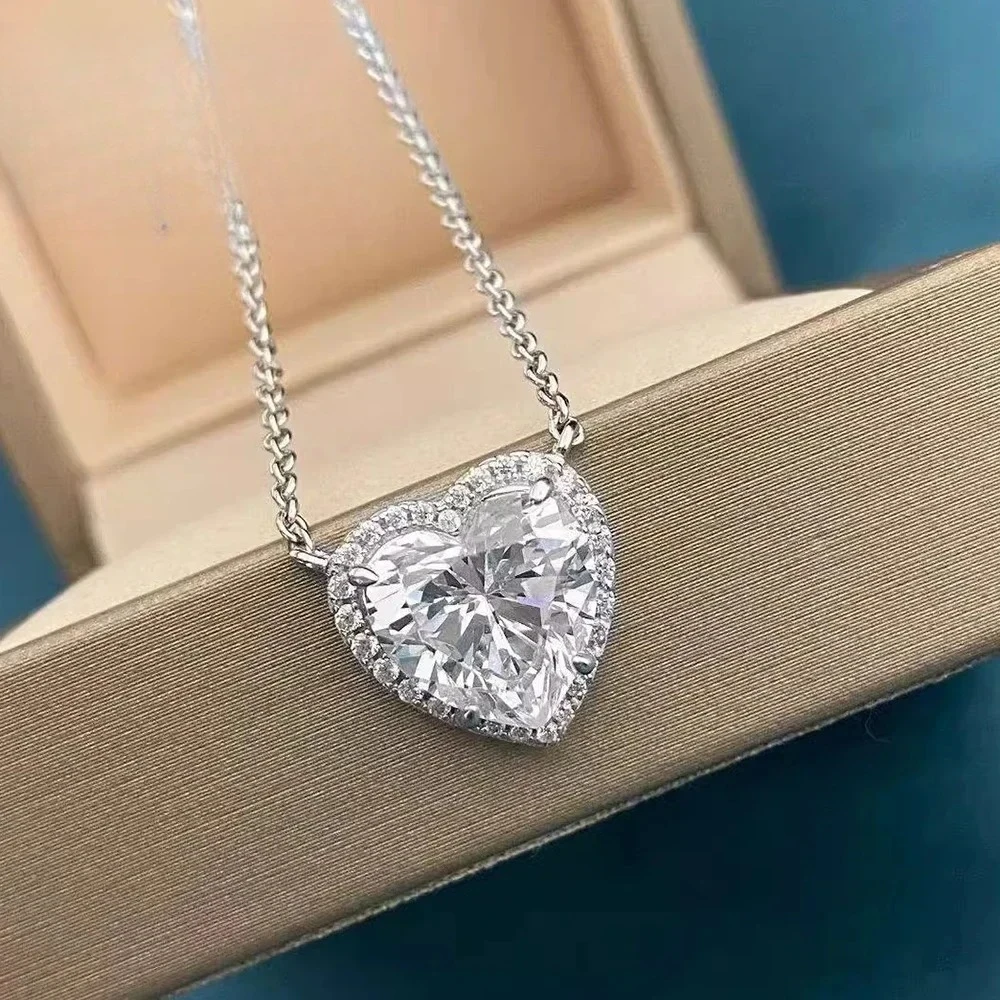 

1-4CT Full Moissanite Pendant Necklace With Certificates Heart Cut Halo Diamond Necklaces For Women 925 Silver Fine Jewelry