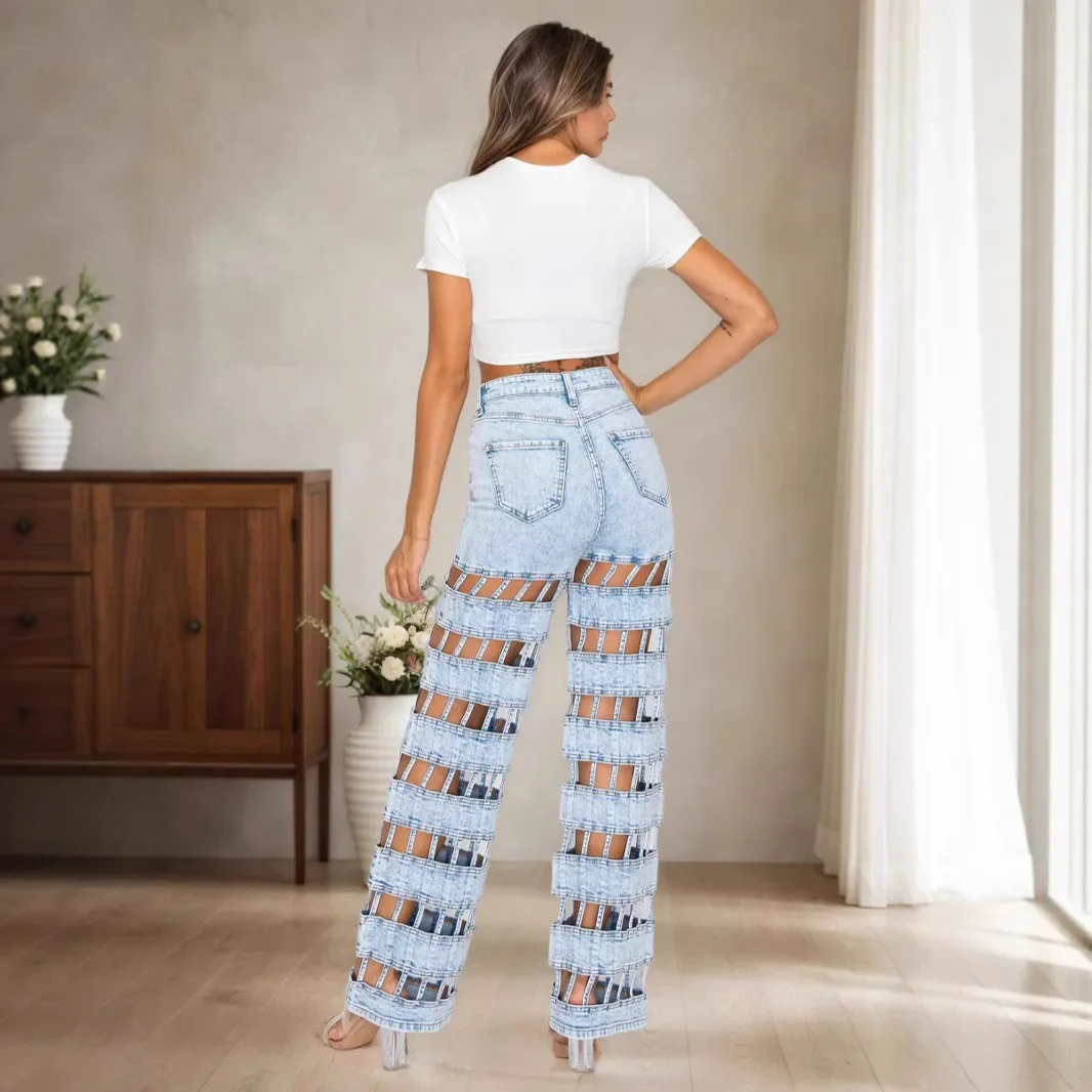 Celana Jeans Wanita Model Straight High Waist Vintage Ripped dengan Lubang dan Detail Distressed, Resleting, Panjang Ankle