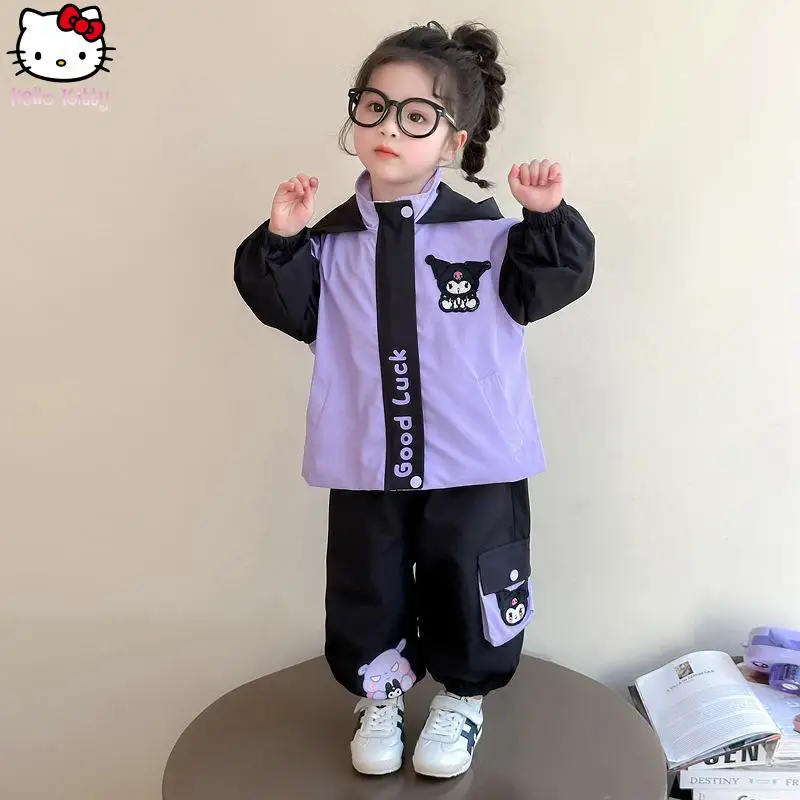 

Anime Girls Clothing Kuromi Hooded Jacket Set Kawaii Cartoon Spring Autumn New Sanrio Girls Fashion Jacket Working Pants Sweet