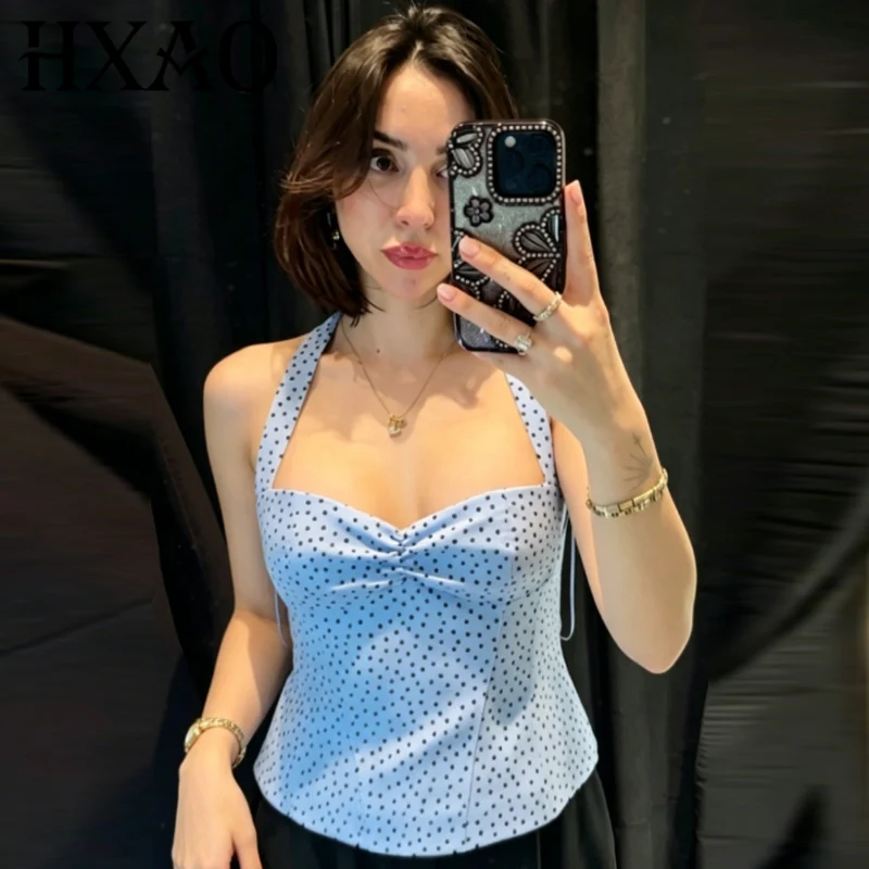 HXAO Polka Dot Neckholder-Top für Damen, Sommer 2026, sexy bauchfreies Rüschen-Korsett-Tanktop, schick, elegant, schulterfrei, rückenfrei