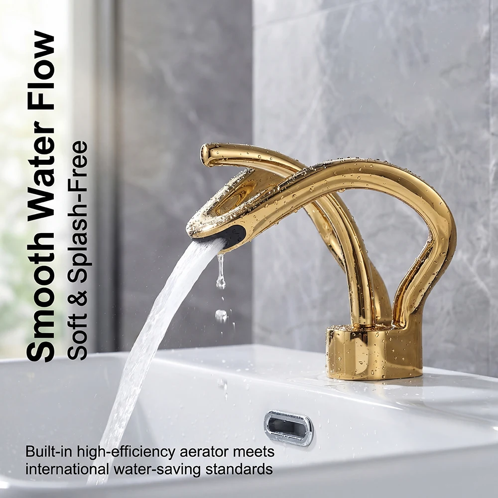 

Golden bathroom faucet, solid brass unique cross art design single handle basin faucet, deck mounted cold and hot water bathroom