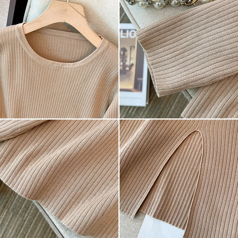 150Kg Plus Size Women\'s Bust 150 Autumn Split Pullover Casual Round Neck Loose Pit Striped Bottom Shirt 5XL 6XL 7XL 8XL 9XL