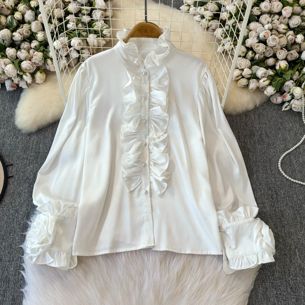 

Office Lady Elegant Ruffles Flounce Top Shirts Women Wedding Party Dinner Banquets Formal Business Blouse Vintage Palace Shirts