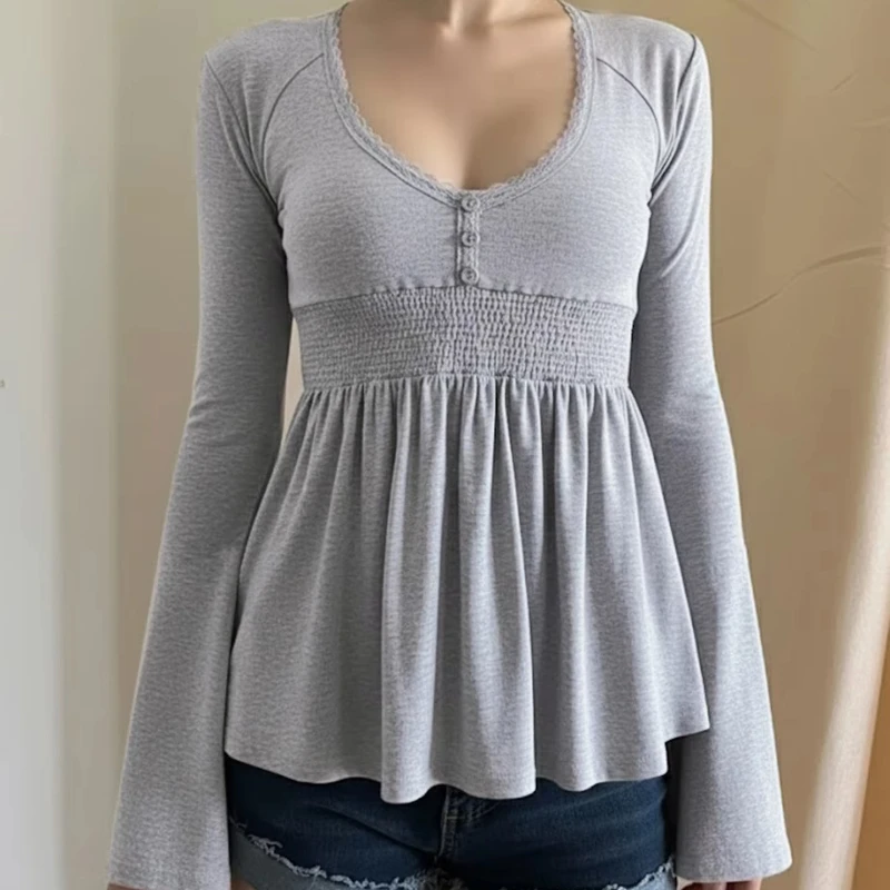 Ladies Long Sleeve V Neck Sexy Lace Stitching Top Button Front Lace Edge Shirred Waist Flare Sleeve Casual Daily Casual Blouse