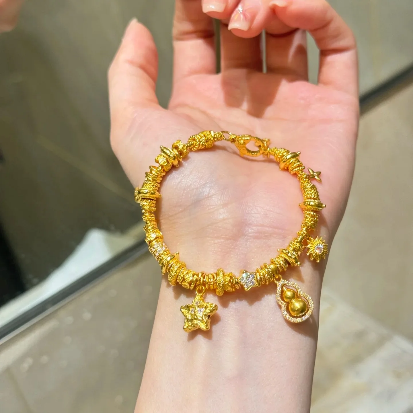Luxury 24K real gold dot diamond hoist multi-treasure bracelet au9999 gold new Chinese fashion bracelet for girlfriend