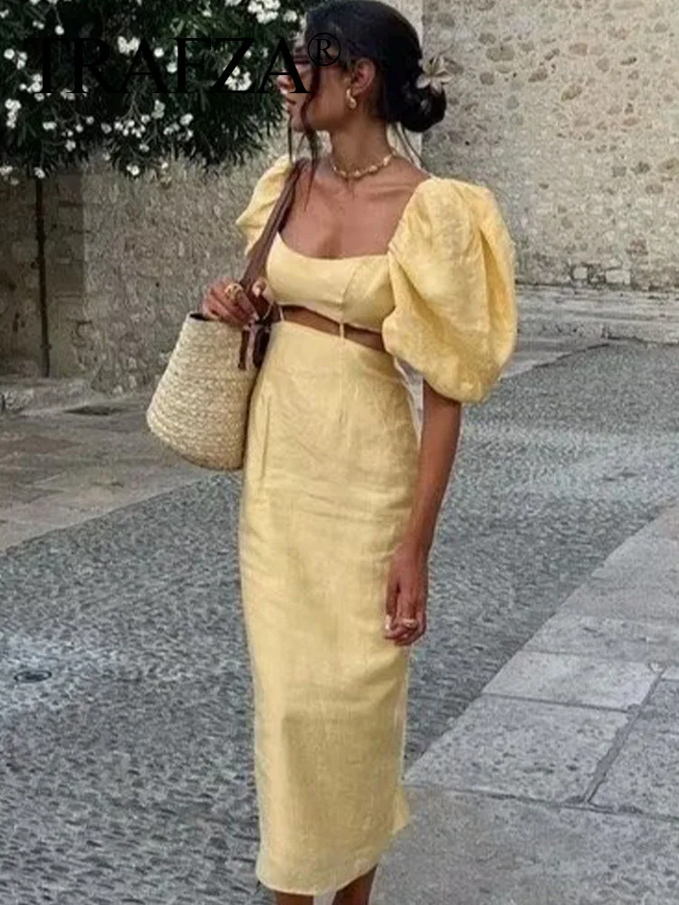 TRAFZA 2024 Summer Women Fashion Yellow Dress Puff Sleeves Long Dresses Female Waist Hollow Out Vintage Woman Evening Dress