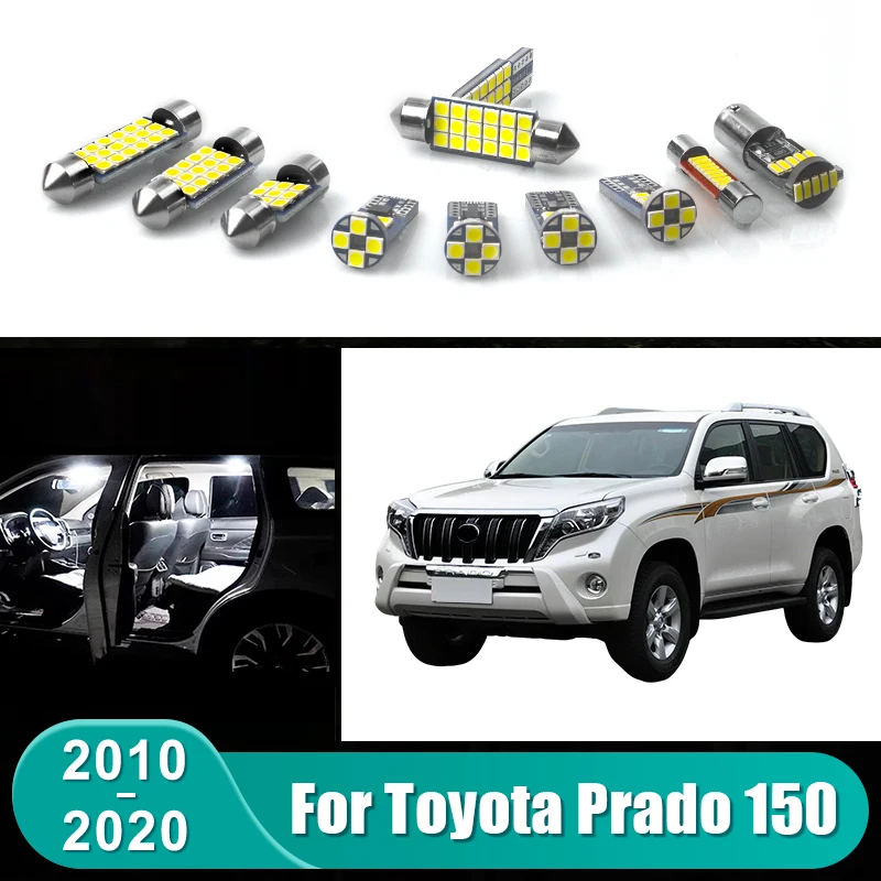 

Для Toyota Land Cruiser Prado 150 FJ150 2010-2020: Комплект из 11 светодиодных ламп для салона, лампы для чтения и подсветки зеркала.