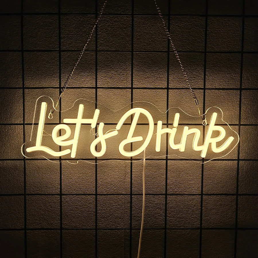 Let'S Drink Neon Sign, Led Warm White Letter Business Icon, Bar, Club, Restaurant, Family Gathering, Birthday Party Decor.