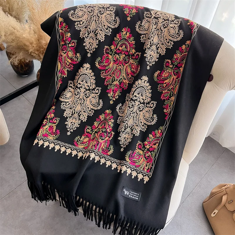 Winter Warm Cashmere Scarf for Women Embroidery Pashmina Blanket Thick Shawl Wrap Neckerchief Fashion Bufanda Echarpe Poncho