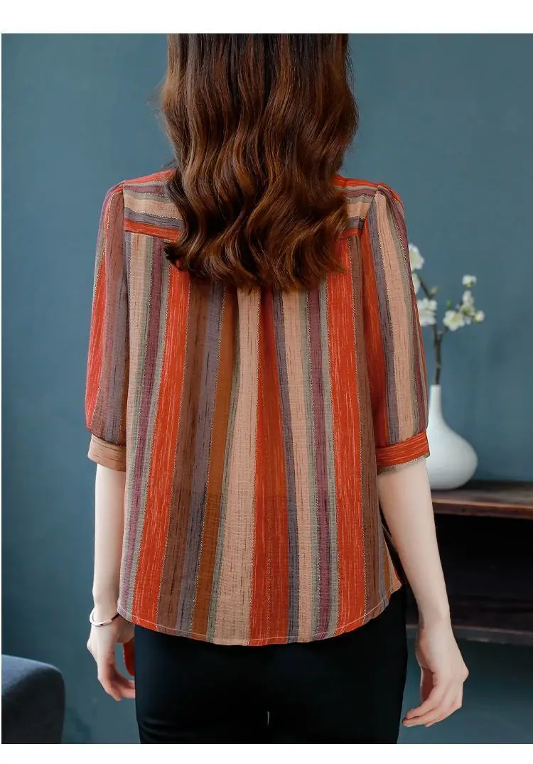 New Women's Short-sleeved Striped Blouse Printed Mother's Outfit Large Size Fashionable