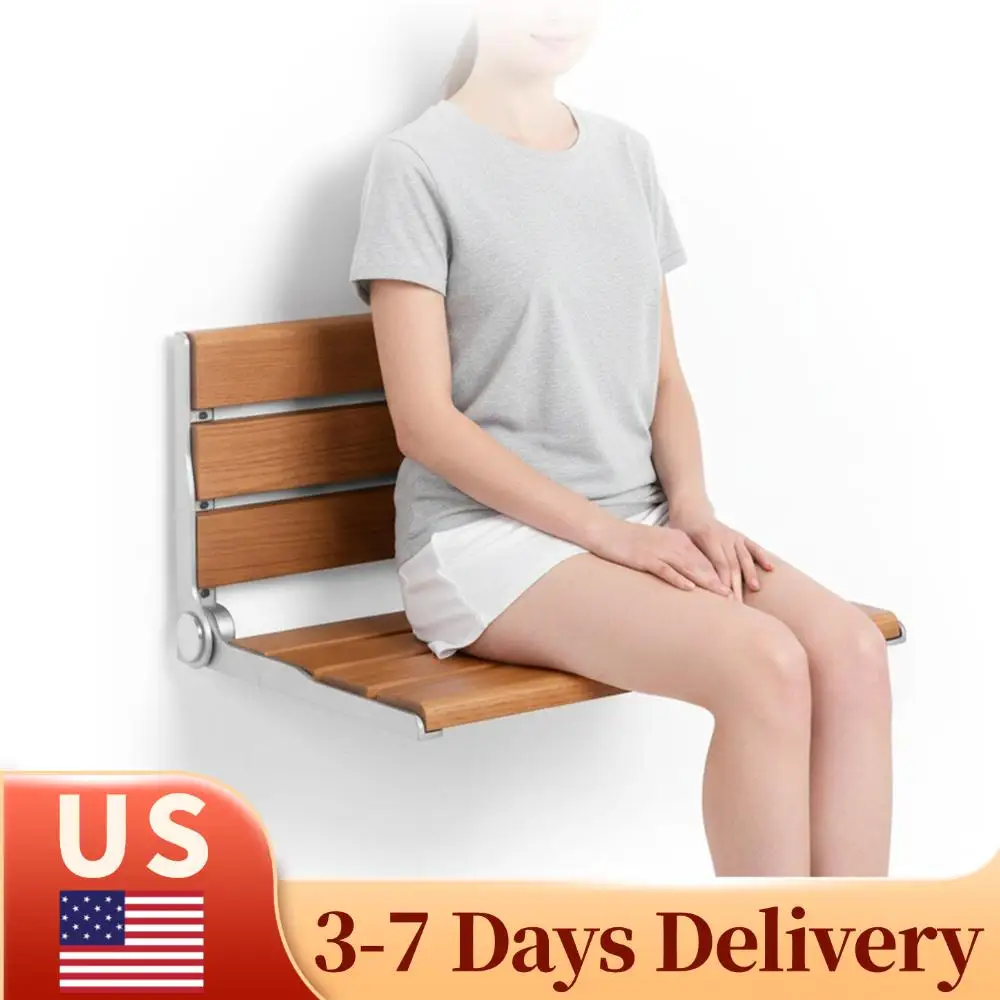 

Настенный складной стул для ванной комнаты 17,7 дюйма с откидной спинкой, противоскользящий, для пожилых людей, инвалидов и беременных