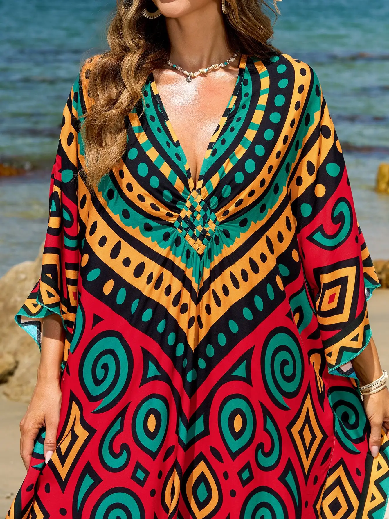 Robes de plage caftans imprimés géométriques pour femmes, tissées à la main, décolleté en V profond, fente latérale, vêtements de plage pour vacances d'été