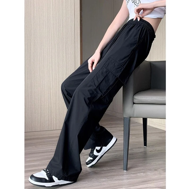 Women Casual Streetwear Wide Leg Straight Cargo Pants Summer Trendy Ice Silk Quick Drying Sports Trousers High Waist Pantalones