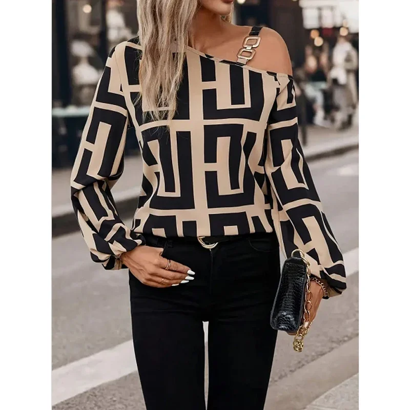 

CPSYMYM Elegant Geometric Printed Women's Blouse Spring New Product Slant Neck Off Shoulder Long Sleeve Hoodie Casual Shirt Lad