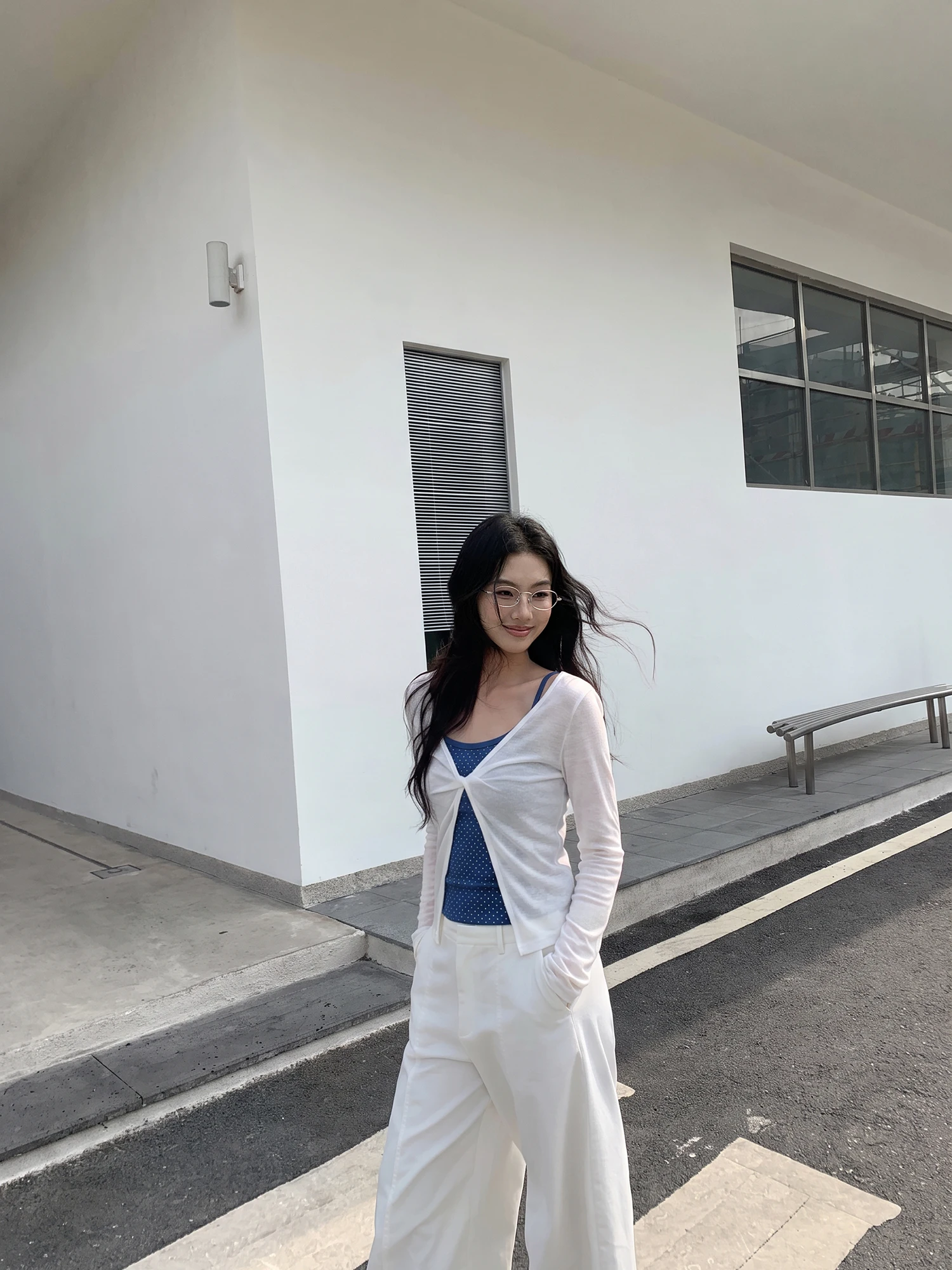 White Knot Micro Translucent Polka Dot Halter Vest Women Early Autumn Slim Long Sleeve Top Casual Style Fashion Set