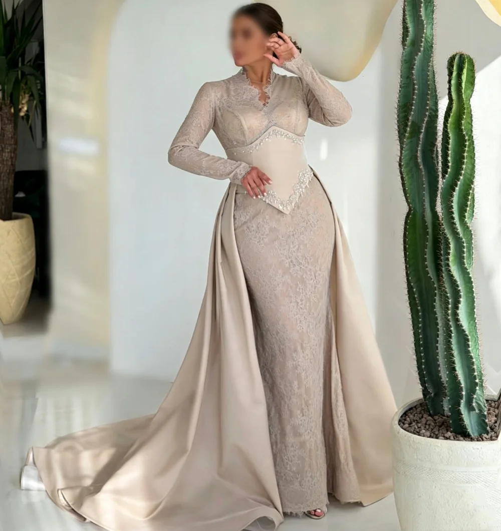 Maßgeschneidertes Klassisches Langarm-Hochzeitskleid für Bankette Spitze Glitzer Formelle Abendkleider Elegant
