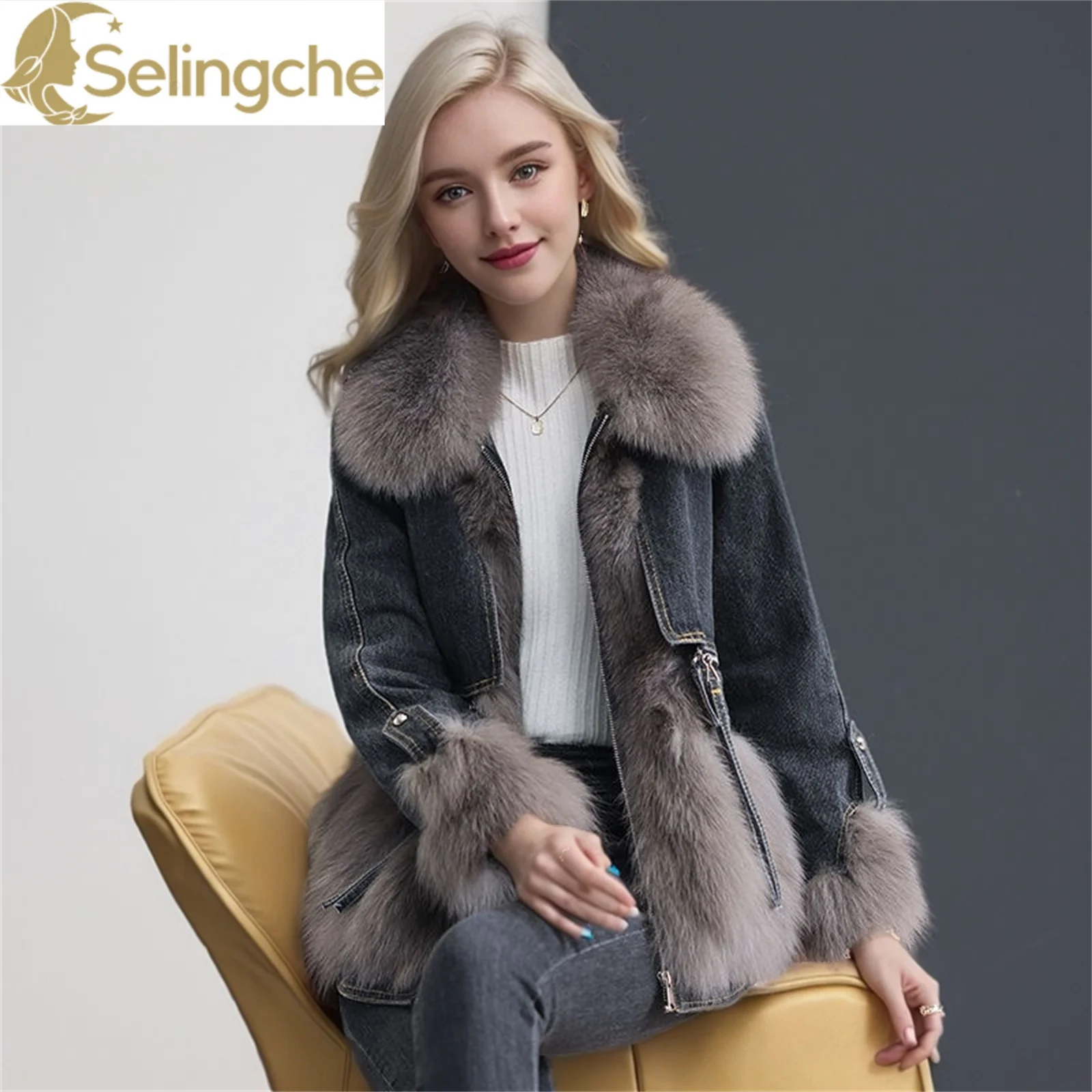 Autumn and Winter New Style with Plush and Thick Flocking Jacket Elegant Women\'s Simulated Fur Overcoat Denim Jacket