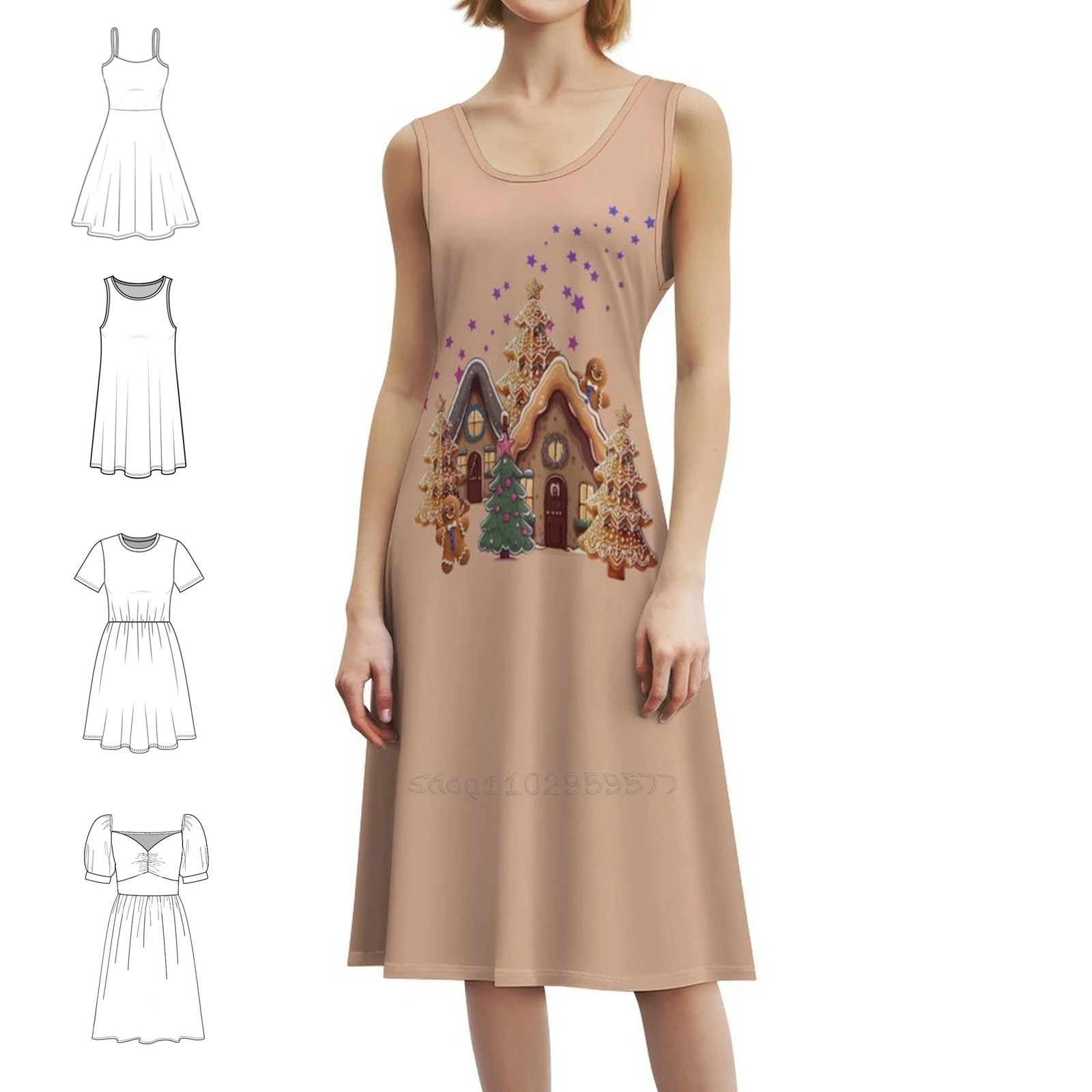 

Пряничная деревня, богемное платье без рукавов для женщин, пляжные вечерние платья с принтом, платье с пряничным городом и печеньем