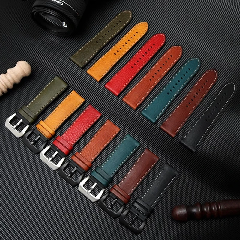 For any brand Italian Cowhide Leather watch Strap 19 20 21 21 22 23MM Green Brown blue red Men fluoro rubber watchband Bracelet