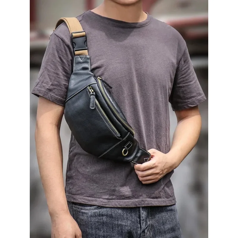 Chest Pack Men Top Grain Leather Crossbody Casual Waist Sling Unique Trendy Sports Phone Pouch Durable Design