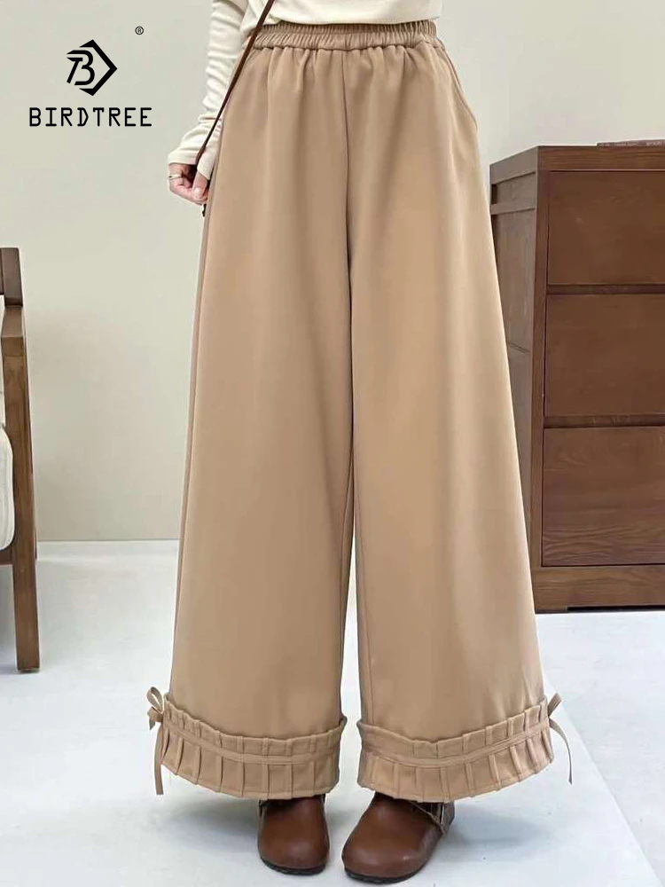 New 2025 Autumn Cotton Thicken Pants, Women Elastic Waist Flods Bow Patchwork, Mori Girl French OL Casual INS Trousers B5N230CC