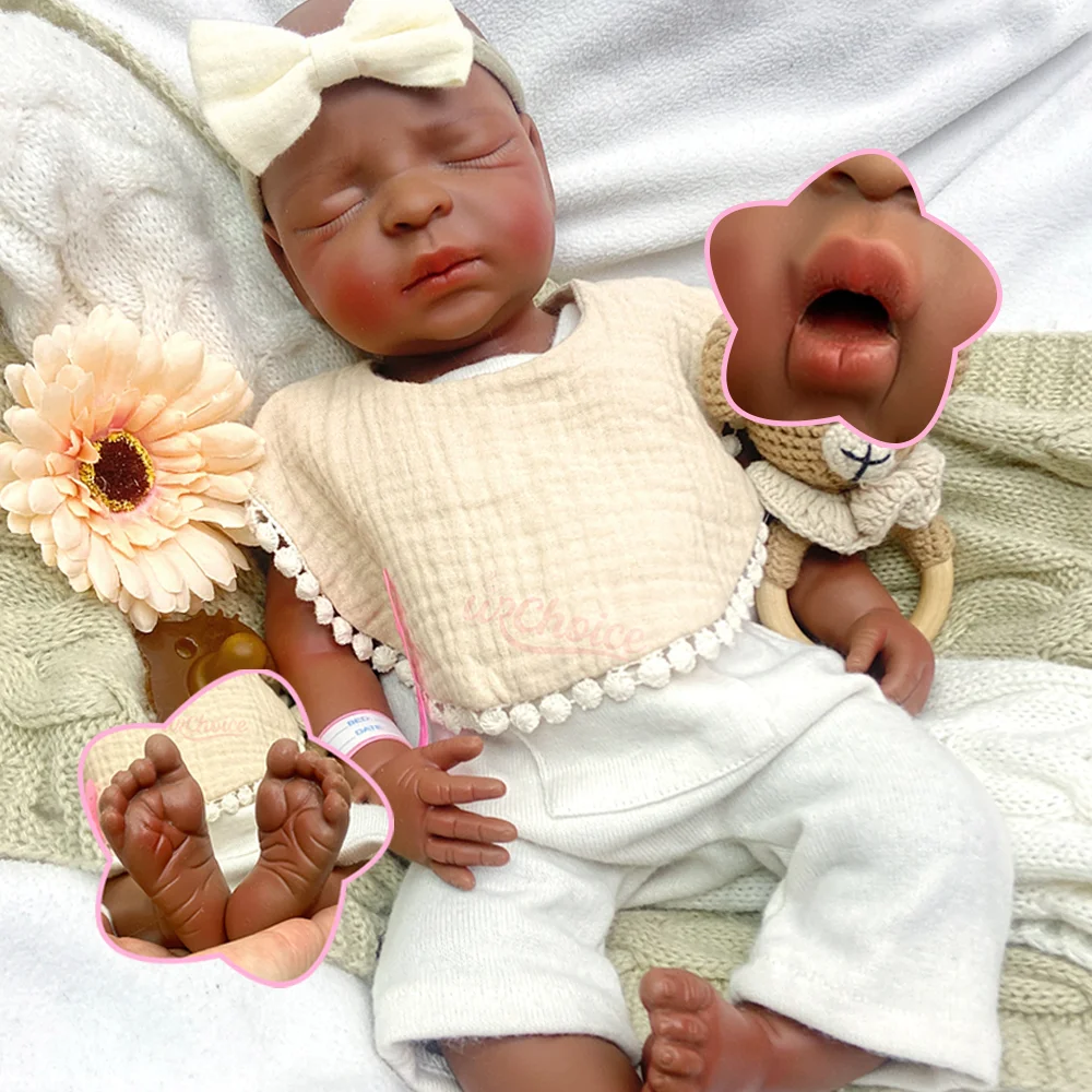 ตุ๊กตาซิลิโคนเด็กแรกเกิดขนาด 17 นิ้ว ผิวสีน้ำตาลเข้ม ตุ๊กตาเด็กผู้หญิงเหมือนจริง วาดลายผิวแบบ 3 มิติ ตุ๊กตาสำหรับโชว์งานศิลปะ