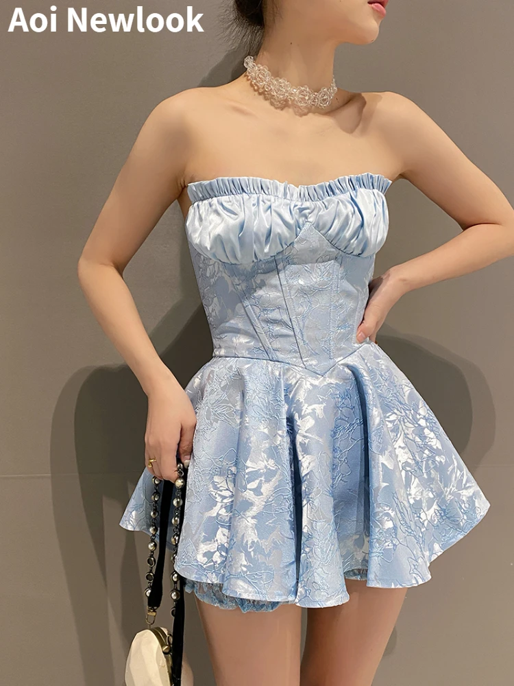 Aoi High Qualitty Blue Sleeveless Off Shoulder Sweet Mini Dress Corset Lace Jacquard Slim Fit Women Sexy Y2k Summer Clothing