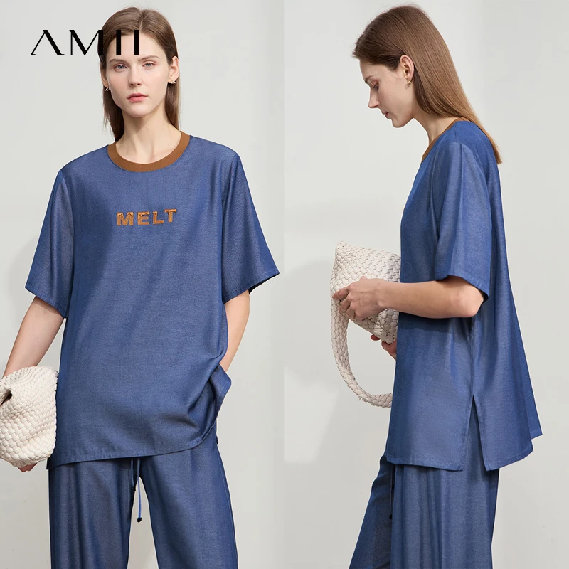 Amii Minimalist Women T-shirt Size 2025 Summer New Letter Embroidered TR Denim Loose Office Lady Slim Colorblocked Tops 12522017
