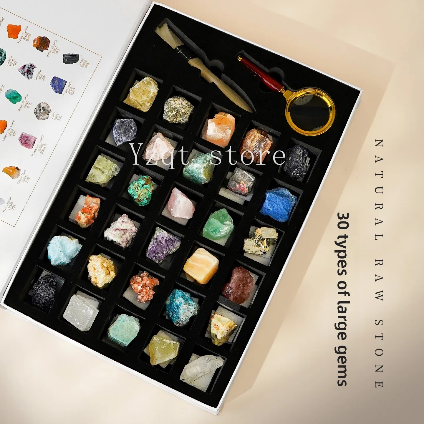 30 kinds of natural large gemstones, ores, rough crystal stones, agates, and strange stone heads. Gift box set, selected mineral