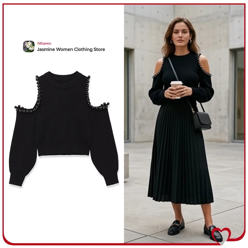 

Spring & Autumn Fashion Women's Pullovers with Cut-outs & Balls on Shoulders Elegant Chic Rib Jumpers Black Round Neck Knitwears