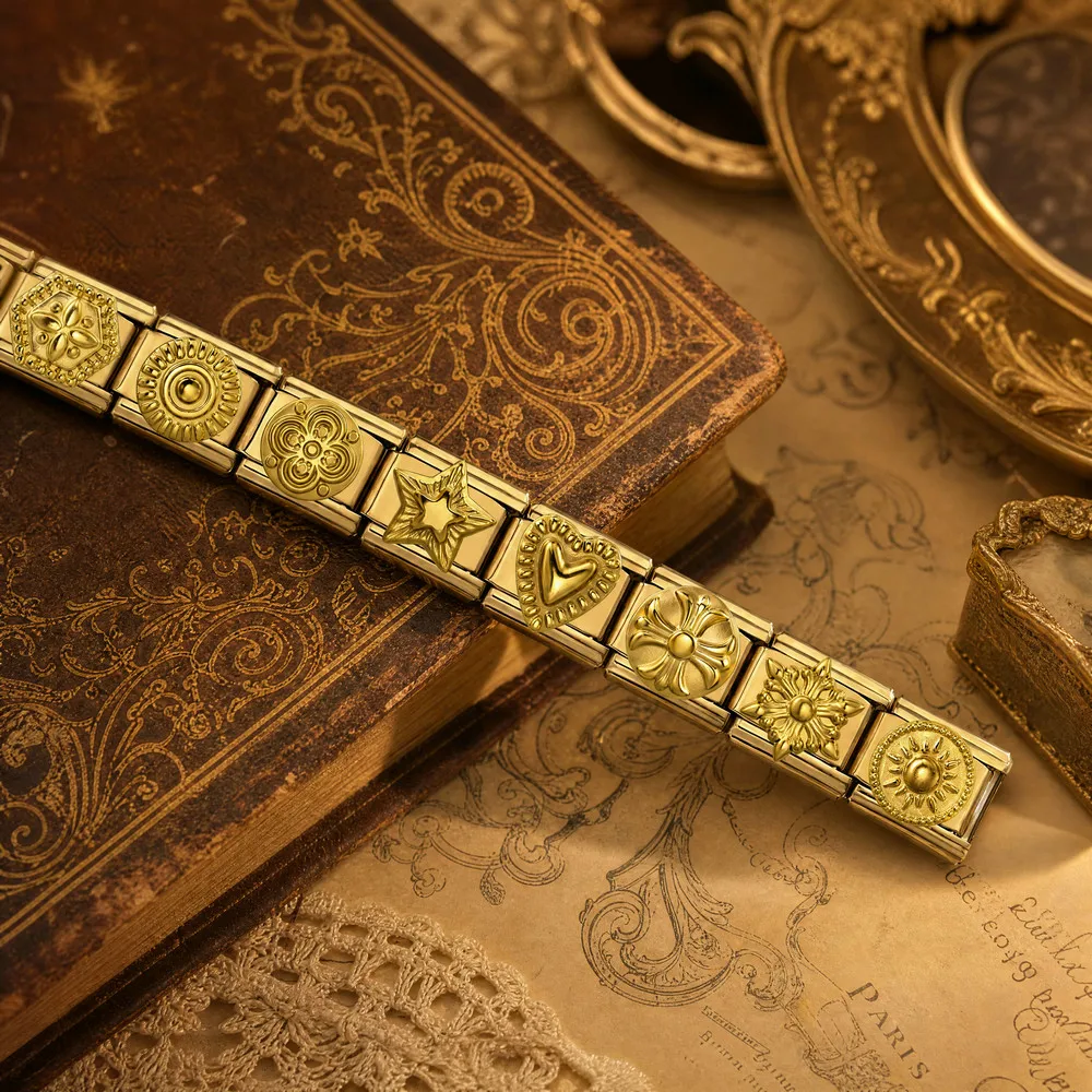Vintage Blumen-Herz-Stern-Sonne Gravierte Vergoldete Edelstahl-Schmuckteile Italienischer Charm-Link 9mm Armband-Zubehör – Detail 2