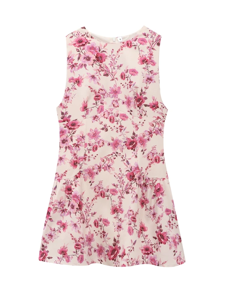 

OUROPEAN ZTATION 2025 Summer New Female Trendy Sleeveless Mini Skirt Top Classic Lady O-Collar Dress zipper Dresses Print Floral