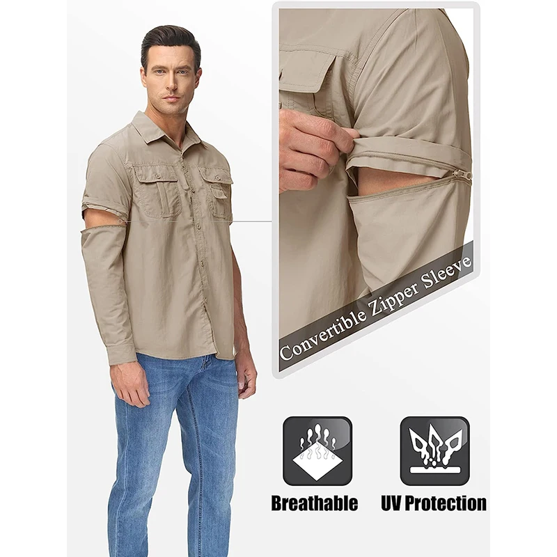 TRVLWEGO Men Shirt Hiking Camping Quick Dry Breathable Removable Tactical Cargo Outdoor Military Climb Trekking Blouse