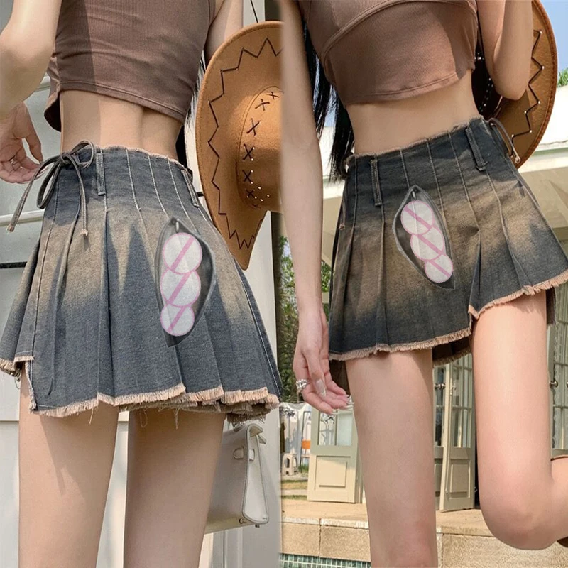 

Open Crotch Outdoor Sex Women's Denim Shorts Cargo Y2k High Waisted Jeans Stretchy Skort Streetwear Summer Pleated Mini Skirt