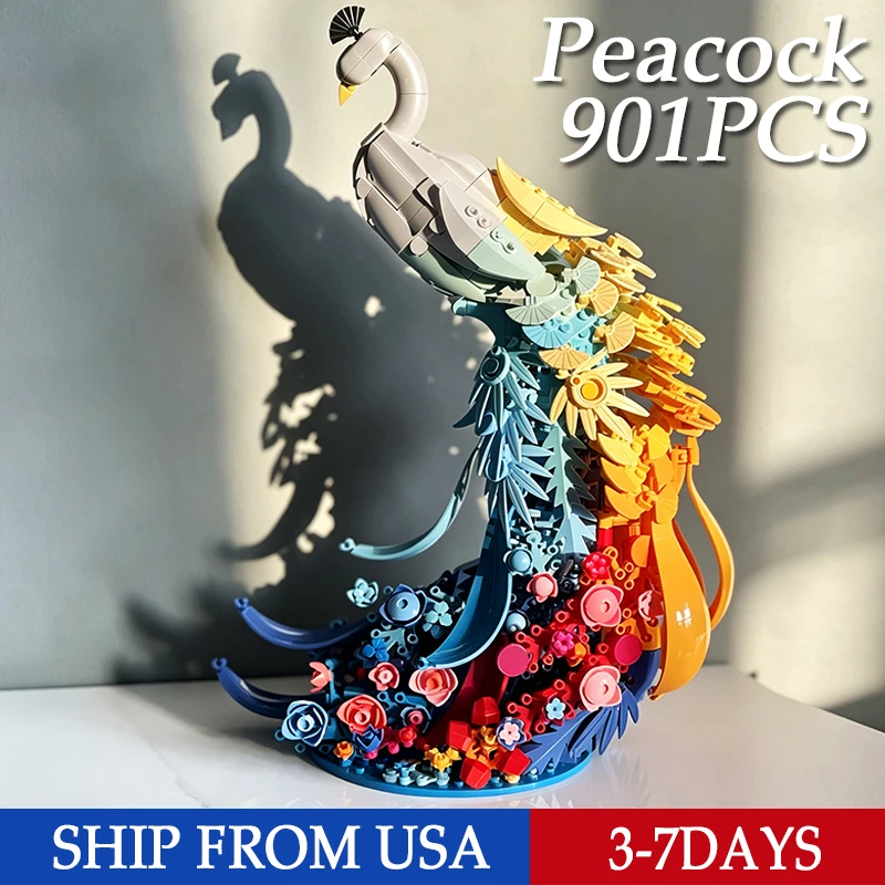 901PCS Various Flowers Feather Peacock Building Blocks With Light Creative Ornaments DIY Assembly Bricks For Girls Holiday Gifts