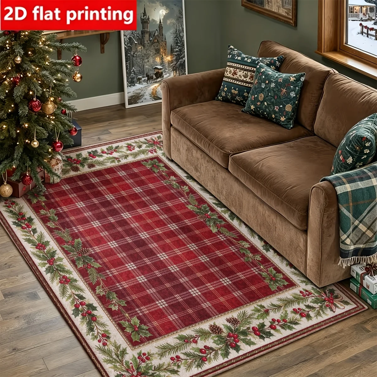 1pc 2D Flat Christmas Red Plaid Holly Border Printed Floor Mat, Decorative Rug for Living Room, Bedroom, Home