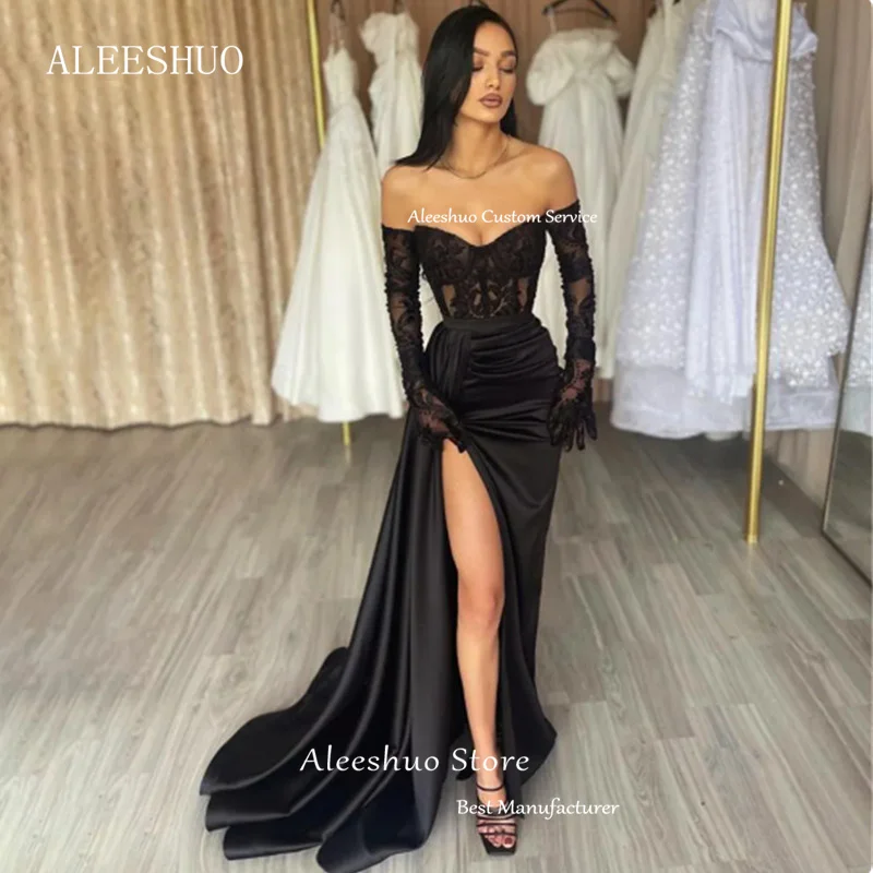 Aleeshuo elegante vestido de noche de sirena negro sin tirantes sin mangas vestidos de fiesta de encaje con abertura lateral vestidos sexis con abertura lateral personalizados