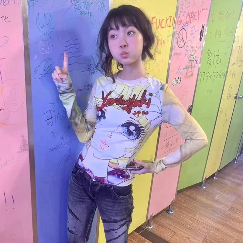 Deeptown Japanese Style Anime Print T-shirt Y2k Harajuku 2000s Long Sleeve Tees Vintage Kawaii Cartoon Slim T Shirt Aesthetic