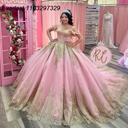 EVLAST Customized Pink Quinceanera Dress Ball Gown Shiny Gold Lace Applique Beaded Mexican Sweet 16 Vestidos De 15 Años TQD865