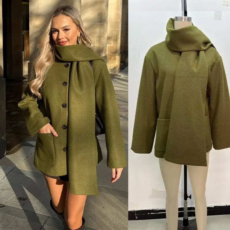 2026 Woman Thick Warm Street Woolen Outwear Women Grey Solid With Pockets Scarf Collar Green Short Chic Coat British Style