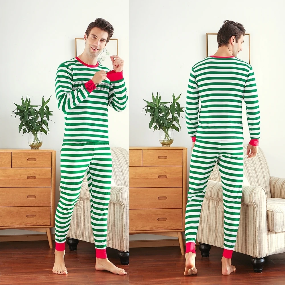 Family Matching Pajamas Sets New Year Couples Pyjamas Green/White Striped Christmas Pajamas Family Look Xmas Striped Homewear